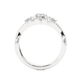 Side profile of2 Carat Round Cut Moissanite Three Stone Twisted Engagement Ring in Silver, highlighting the brilliant center moissanite stone., highlighting the prong setting.