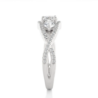 Side profile of2 Carat Round Cut Moissanite Three Stone Twisted Engagement Ring in Silver, highlighting the brilliant center moissanite stone., highlighting the prong setting.