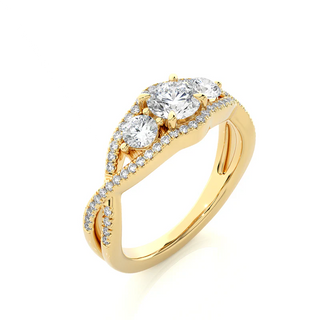 Angled view of 2 Carat Round Shaped Moissanite Three Stone Twisted Engagement Ring in Yellow Gold, showcasing the band and setting.​