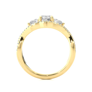 Side profile of 2 Carat Round Shaped Moissanite Three Stone Twisted Engagement Ring in Yellow Gold, highlighting the brilliant center moissanite stone., highlighting the prong setting.