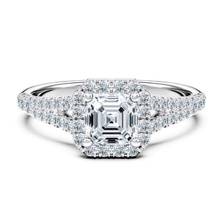 2 Carat Asscher Cut Split Shank Moissanite Ring in White Gold