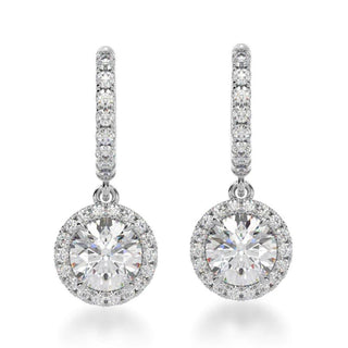 3.20 Carat Round Cut Moissanite Halo Drop Earrings In White Gold
