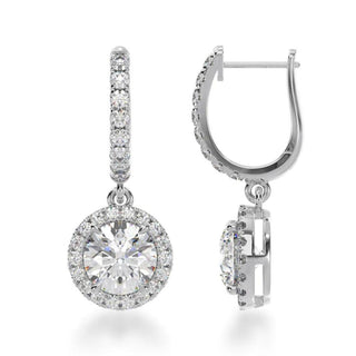 3.20 Carat Round Cut Moissanite Halo Drop Earrings In White Gold