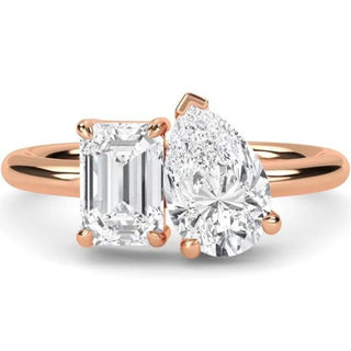3.50 Carat Emerald & Pear Cut Moissanite Toi et Moi Ring In Rose Gold