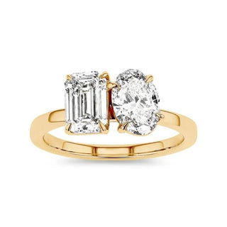 3.8 Carat Emerald & Oval Cut Moissanite Toi et Moi Ring In Yellow Gold