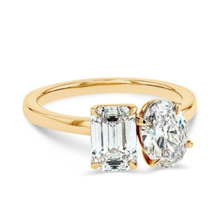 3.8 Carat Emerald & Oval Cut Moissanite Toi et Moi Ring In Yellow Gold