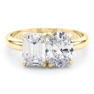 4 Carat Emerald & Oval Cut Moissanite Toi et Moi Engagement Ring In Yellow Gold