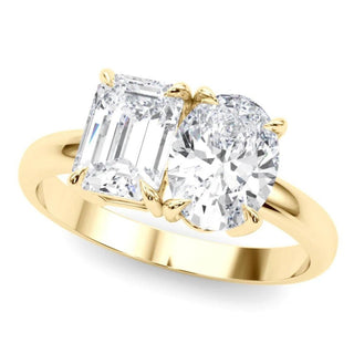4 Carat Emerald & Oval Cut Moissanite Toi et Moi Engagement Ring In Yellow Gold