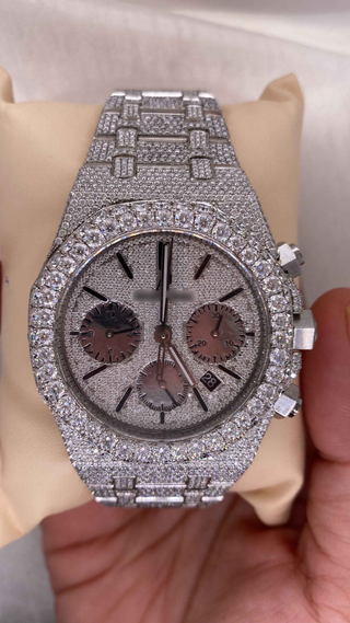 Front AP-style iced out moissanite watch for men with diamond-encrusted dial, bezel, and bracelet featuring chronograph subdials.