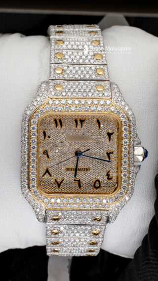 Front Angle Of Arabic Dial Moissanite Watch For Women | 36 MM | Yellow Gold Tone