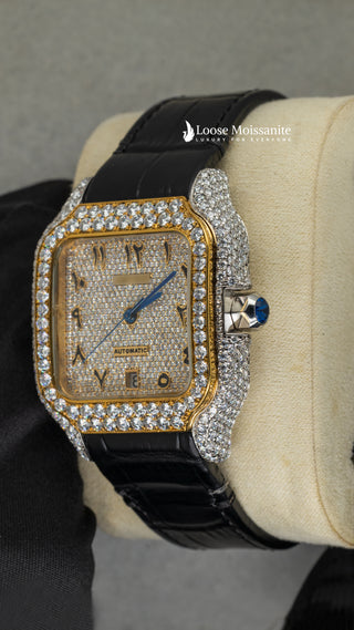 Side View Of Arabic Yellow Dial Black Leather Belt Moissanite Watch 41 MM