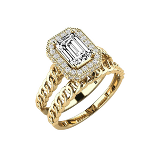 1.50 Carat Emerald Cut Hidden Halo Moissanite Bridal Set Ring in Yellow Gold
