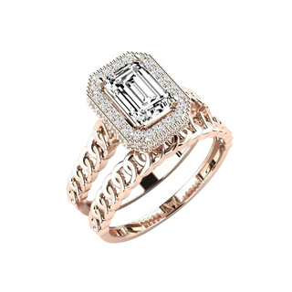 1.50 Carat Emerald Cut Hidden Halo Moissanite Bridal Set Ring in Yellow Gold