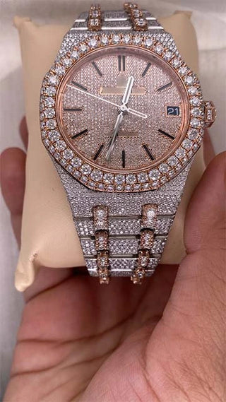 Iced out AP Moissanite Watch with rose gold details, sparkling moissanite stones, stainless steel strap, and date window display.