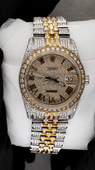 Front Side Of Jubilee Style Date Just Moissanite Watch  36 MM  Yellow Gold Tone