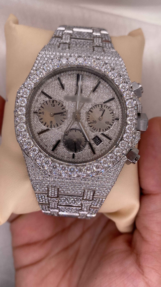 AP-style iced out moissanite watch for men with diamond-encrusted dial, bezel, and bracelet featuring chronograph subdials.