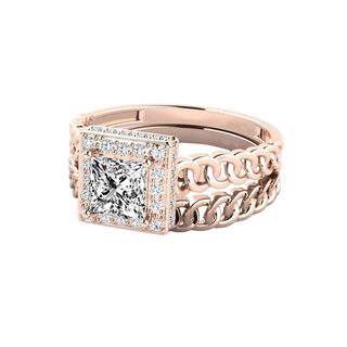 1.50 Carat Princess Cut Hidden Halo Moissanite Bridal Set Ring In Rose Gold