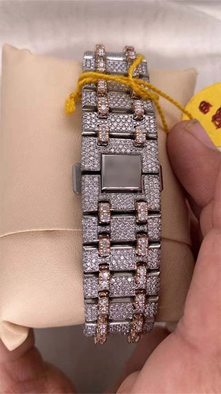 Back side of one of the best moissanite watches showing stainless steel case, secure clasp, and detailed craftsmanship.