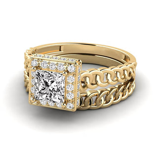 1.50 Ct Princess Cut Hidden Halo Moissanite Bridal Set Ring in Yellow Gold
