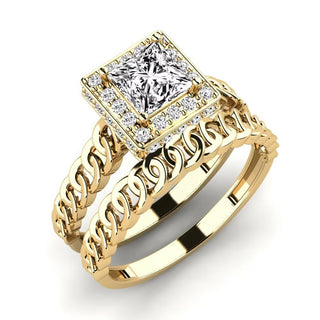 1.50 Ct Princess Cut Hidden Halo Moissanite Bridal Set Ring in Yellow Gold