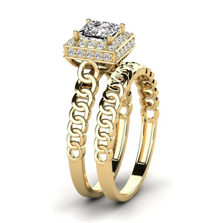 1.50 Ct Princess Cut Hidden Halo Moissanite Bridal Set Ring in Yellow Gold