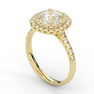 1.50 Ct Cushion Cut Double Halo Moissanite Ring in Yellow Gold