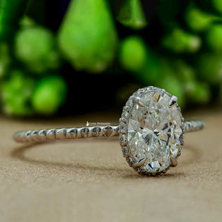 1 Carat Moissanite Oval Hidden Halo Engagement Ring low eye-level macro angle