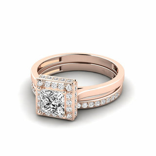 1.50 Ct Princess Shape Halo Moissanite Bridal Set Ring in Rose Gold