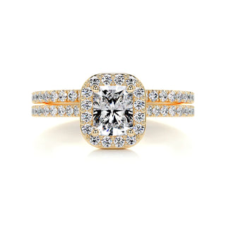 2.50 Carat Radiant Shape Halo Moissanite Bridal Set Ring in Yellow Gold