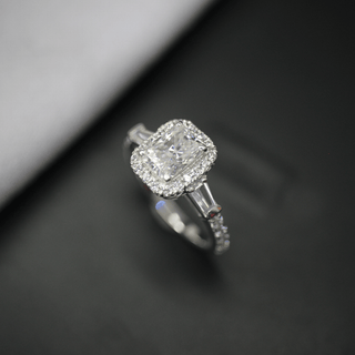 2.50 Ct Radiant And Baguette Cut Halo Moissanite Ring