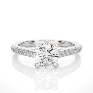 Front view of 1.20 Ct Round Cut Moissanite Cathedral Set Engagement Ring In Silver, highlighting the brilliant center Moissanite stone.