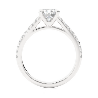 Side profile of 1.20 Ct Round Cut Moissanite Cathedral Set Engagement Ring In White Gold, highlighting the brilliant center moissanite stone., highlighting the prong setting.