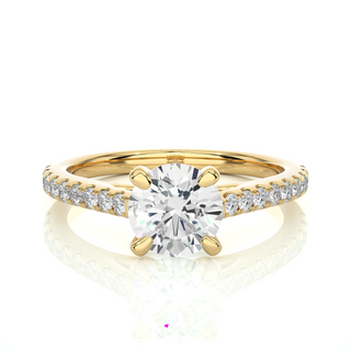 Front view of 1.20 Ct Round Cut Moissanite Cathedral Set Engagement Ring In Yellow Gold, highlighting the brilliant center Moissanite stone.