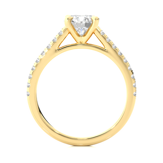 Side profile of 1.20 Ct Round Cut Moissanite Cathedral Set Engagement Ring In Yellow Gold, highlighting the brilliant center moissanite stone., highlighting the prong setting.