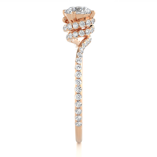 Side profile of 1.30 Carat Double Halo Twisted Moissanite Ring In Rose Gold, highlighting the prong setting.