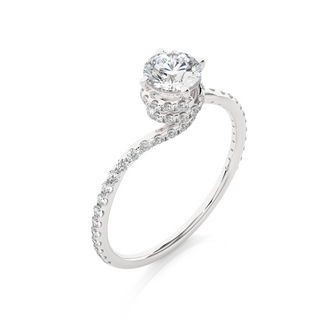 Angled view of 1.30 Carat Double Halo Twisted Moissanite Ring In White Gold, showcasing the band and setting.​