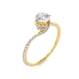 Angled view of 1.30 Carat Double Halo Twisted Moissanite Ring In Yellow Gold, showcasing the band and setting.​