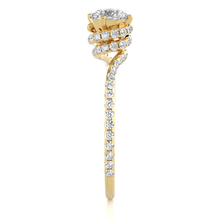 Side profile of 1.30 Carat Double Halo Twisted Moissanite Ring In Yellow Gold, highlighting the prong setting.