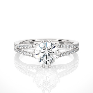 Front view of 1.40 Ct Round Cut Moissanite Split Shank Engagement Ring In Silver, highlighting the brilliant center moissanite stone.