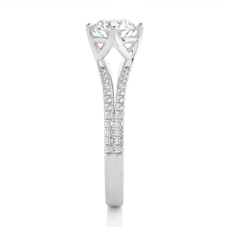 Side profile of 1.40 Ct Round Cut Moissanite Split Shank Engagement Ring In Silver, highlighting the prong setting.