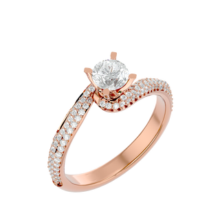 Angled view of 1.50 Carat Bypass Three Row Round Moissanite Ring In Rose Gold, showcasing the band and setting.​