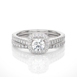 Front view of 1.50 Carat Halo Moissanite Bridal Set With Accents in Silver, highlighting the brilliant center Moissanite stone.
