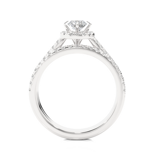 Side profile of 1.50 Carat Halo Moissanite Bridal Set With Accents in Silver, highlighting the brilliant center moissanite stone., highlighting the prong setting.