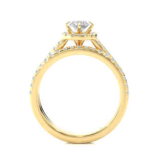 Side profile of 1.50 Carat Halo Moissanite Bridal Set With Accents in Yellow Gold, highlighting the brilliant center moissanite stone., highlighting the prong setting.