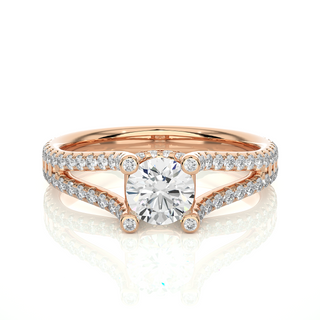 Front view of 1.50 Carat Moissanite Split Shank Engagement Ring With Accents In Rose Gold, highlighting the brilliant center moissanite stone.