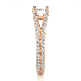 Side profile of 1.50 Carat Moissanite Split Shank Engagement Ring With Accents In Rose Gold, highlighting the prong setting.