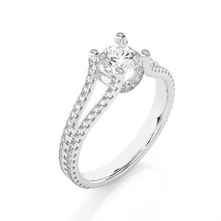 Angled view of 1.50 Carat Moissanite Split Shank Engagement Ring With Accents In Silver, showcasing the band and setting.​