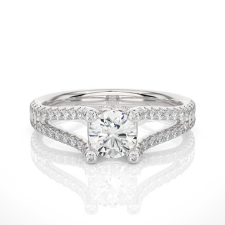 Front view of 1.50 Carat Moissanite Split Shank Engagement Ring With Accents In Silver, highlighting the brilliant center moissanite stone.