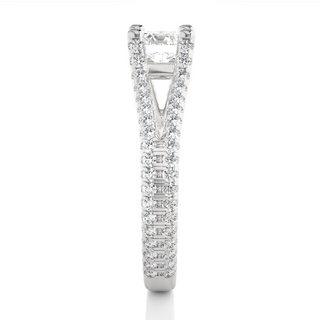Side profile of 1.50 Carat Moissanite Split Shank Engagement Ring With Accents In White Gold, highlighting the prong setting.
