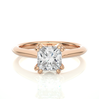 Front view of 1.50 Carat Princess Cut Moissanite Solitaire Ring In Rose Gold, highlighting the brilliant center moissanite stone.